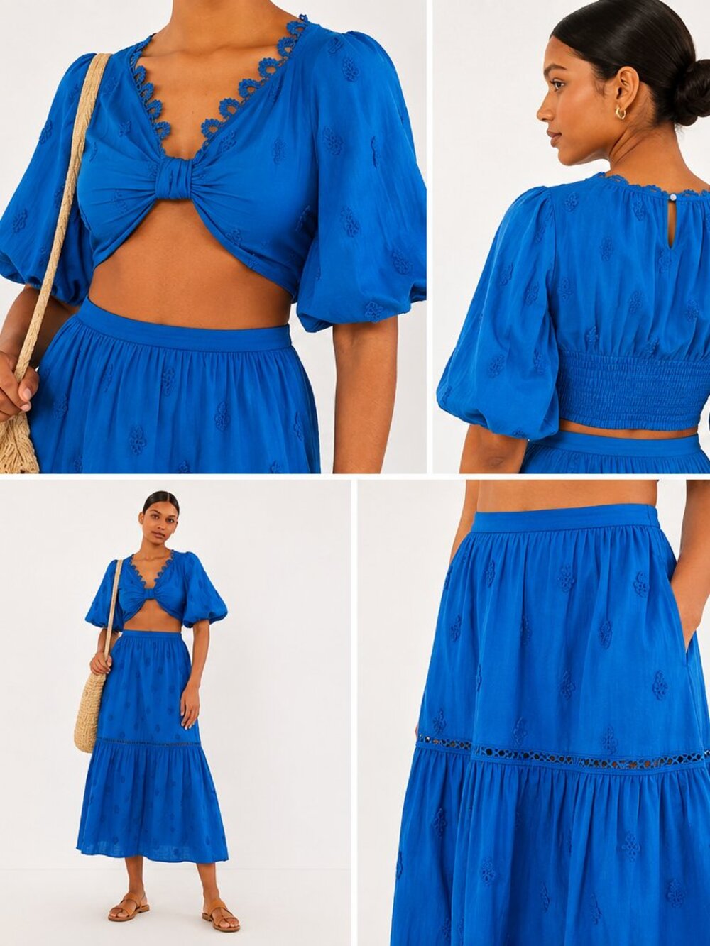FARM Rio Blue 3D Pineapple Puff Sleeve Twist Front Crop Top Size S